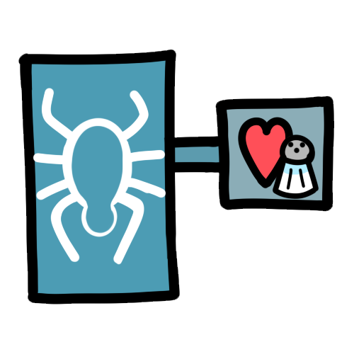 A drawing of a large blue rectangle connected to a small blue square. The rectangle has the white outline of a tick in it. The square has a red cartoon heart and a salt shaker inside.
